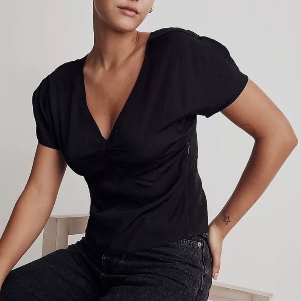 MADEWELL PUFF SLEEVE V‎ NECK TOP BLACK XXS